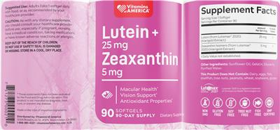 Photo of the Vitamins of America Lutein 25 mg + Zeaxanthin 5 mg label