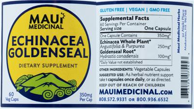 Photo of the Maui Medicinal Echinacea Goldenseal 350 mg label