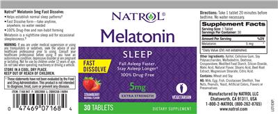 Photo of the Natrol Melatonin 5 mg Fast Dissolve Strawberry label