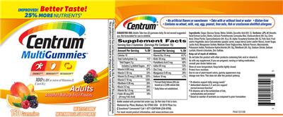 Product label for Centrum MultiGummies Adults Assorted Natural Fruit Flavors