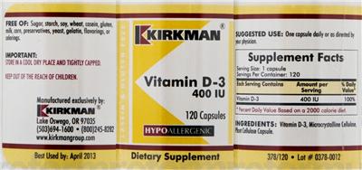 Photo of the Kirkman Vitamin D-3 400 IU label