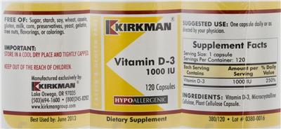Photo of the Kirkman Vitamin D-3 1000 IU label