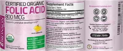 Photo of the Bronson Certified Organic Folic Acid 800 mcg label