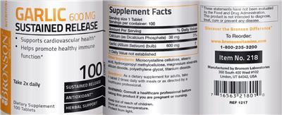 Photo of the Bronson Garlic 600 mg Sustained Release label
