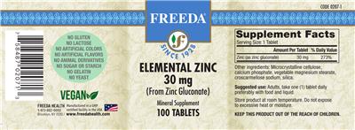 Photo of the Freeda Elemental Zinc 30 mg label