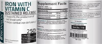 Photo of the Bronson Iron with Vitamin C 100 MG Sustained Release label