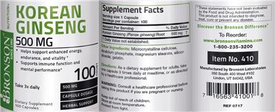 Photo of the Bronson Korean Ginseng 500 mg label