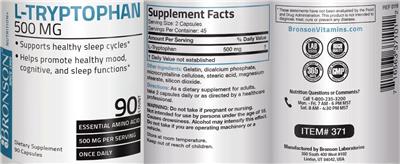 Photo of the Bronson Laboratories L-Tryptophan 500 mg label