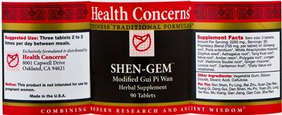Photo of the Health Concerns Shen-Gem label
