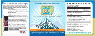 Photo of the Momentum Health Products Vitamin K2 label