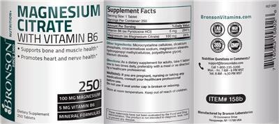 Photo of the Bronson Laboratories Magnesium Citrate with Vitamin B6 label