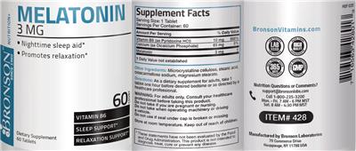 Photo of the Bronson Melatonin 3 mg label