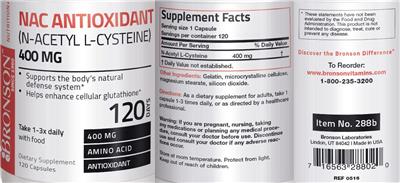 Photo of the Bronson NAC Antioxidant (N-Acetyl L-Cysteine) 400 mg label