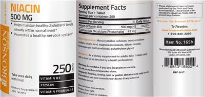 Photo of the Bronson Niacin 500 mg label