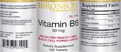 Photo of the Bronson Laboratories Vitamin B6 50 mg label