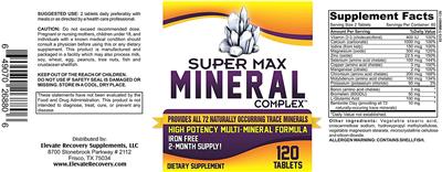 Photo of the Elevate Recovery Supplements Super Max Mineral Complex label