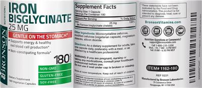 Photo of the Bronson Iron Bisglycinate 25 mg label
