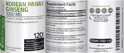 Photo of the Bronson Korean Panax Ginseng 1000 mg label