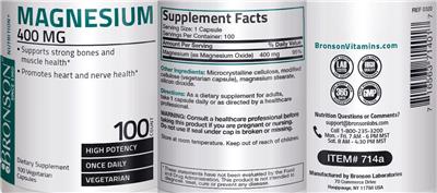 Photo of the Bronson Magnesium 400 mg label