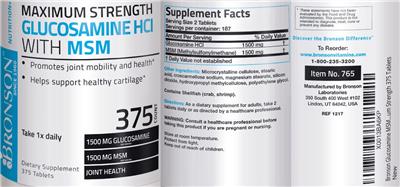 Photo of the Bronson Maximum Strength Glucosamine HCL 1500 mg with MSM 1500 mg label