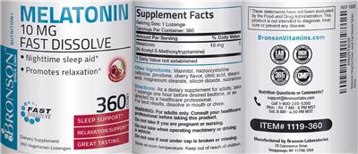 Photo of the Bronson Melatonin 10 mg Fast Dissolve Cherry Flavor label