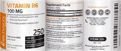 Photo of the Bronson Vitamin B6 100 mg label