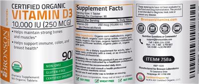 Photo of the Bronson Certified Organic Vitamin D3 10,000 IU (250 mcg) label