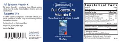 Photo of the Allergy Research Group Full Spectrum Vitamin K label