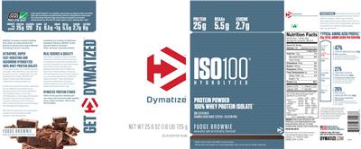 Photo of the Dymatize ISO100 Hydrolyzed Fudge Brownie label