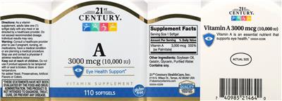 Photo of the 21st Century A 3000 mcg (10,000 IU) label