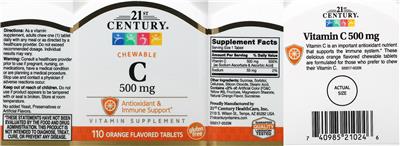 Photo of the 21st Century Chewable C 500 mg Orange Flavored label