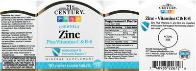 Photo of the 21st Century Chewable Zinc plus Vitamins C & B-6 Cherry Flavor label