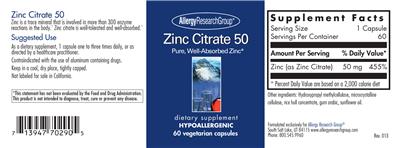Photo of the Allergy Research Group Zinc Citrate 50 label