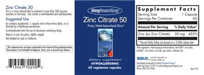 Photo of the Allergy Research Group Zinc Citrate 50 label