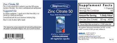 Photo of the Allergy Research Group Zinc Citrate 50 label
