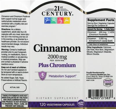 Photo of the 21st Century Cinnamon 2000 mg plus Chromium label