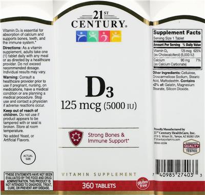 Photo of the 21st Century D3 125 mcg (5000 IU) label