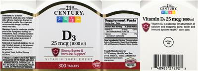 Photo of the 21st Century D3 25 mcg (1000 IU) label