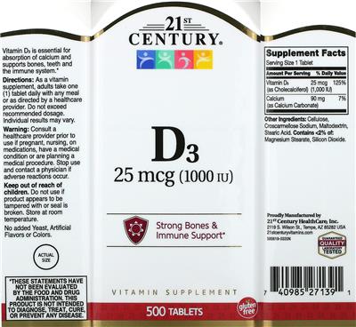Photo of the 21st Century D3 25 mcg (1000 IU) label