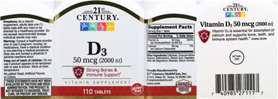 Photo of the 21st Century D3 50 mcg (2000 IU) label