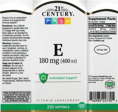 Photo of the 21st Century E 180 mg (400 IU) label