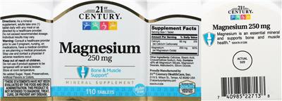 Photo of the 21st Century Magnesium 250 mg label