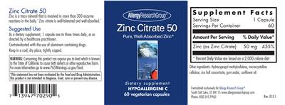 Photo of the Allergy Research Group Zinc Citrate 50 label