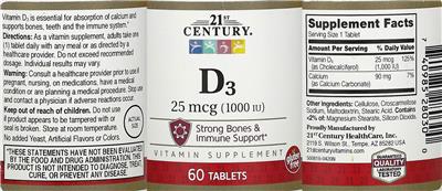 Photo of the 21st Century D3 25 mcg (1000 IU) label