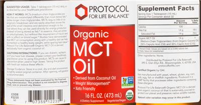 Photo of the Protocol For Life Balance Organic MCT Oil label