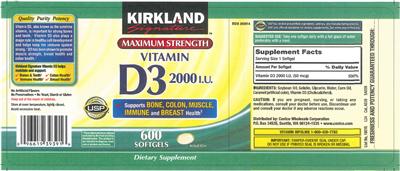 Photo of the Kirkland Signature Vitamin D3 2000 IU label