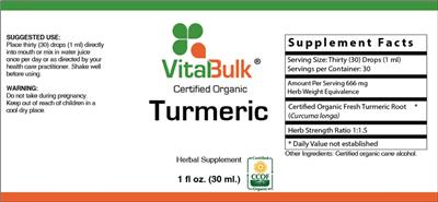 Photo of the VitalBulk Certified Organic Turmeric label