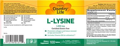 Photo of the Country Life L-Lysine 1,000 mg label