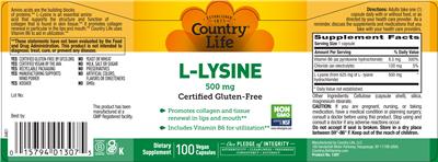 Photo of the Country Life L-Lysine 500 mg label