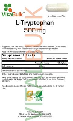 Photo of the VitalBulk L-Tryptophan 500 mg label